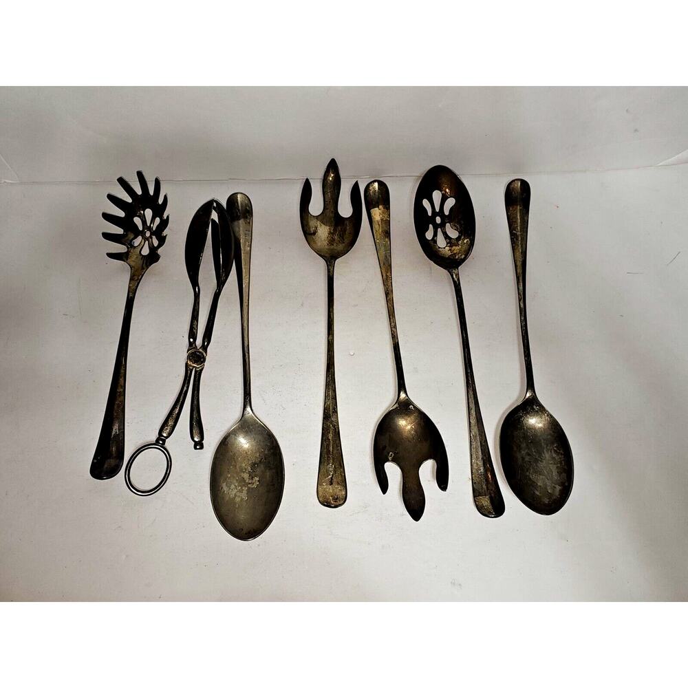 Vintage 7 Piece Set Large 11" Serving Utensils Silver Plated Various Brands